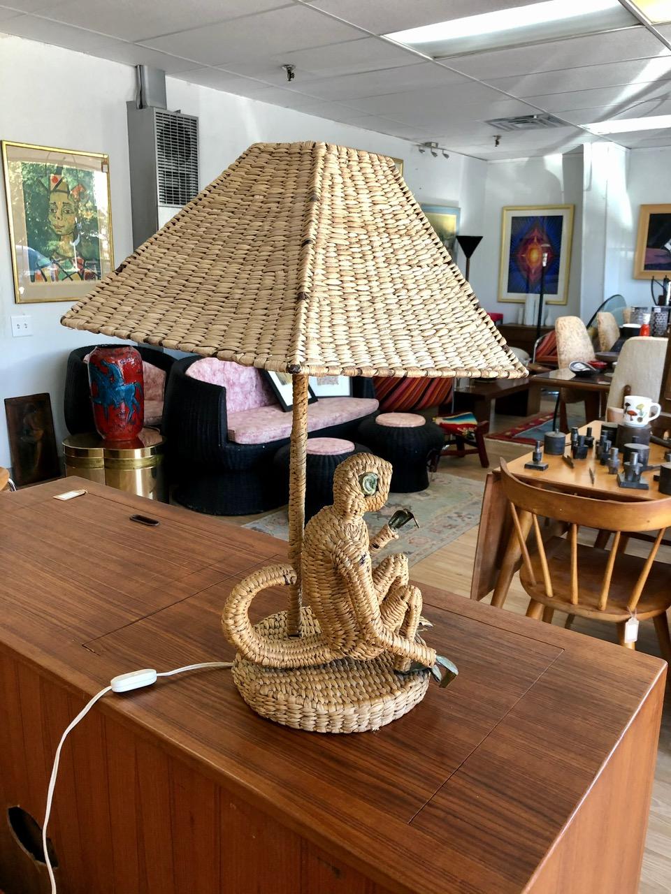 20th Century Vintage 1970s Handmade Woven Rattan Monkey Table Lamp