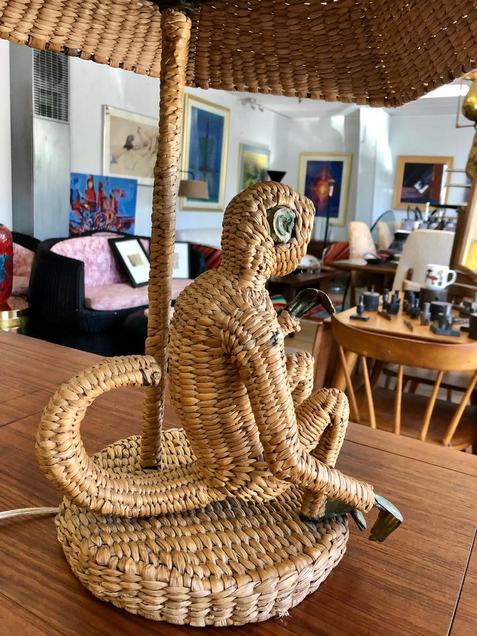 Vintage 1970s Handmade Woven Rattan Monkey Table Lamp 1