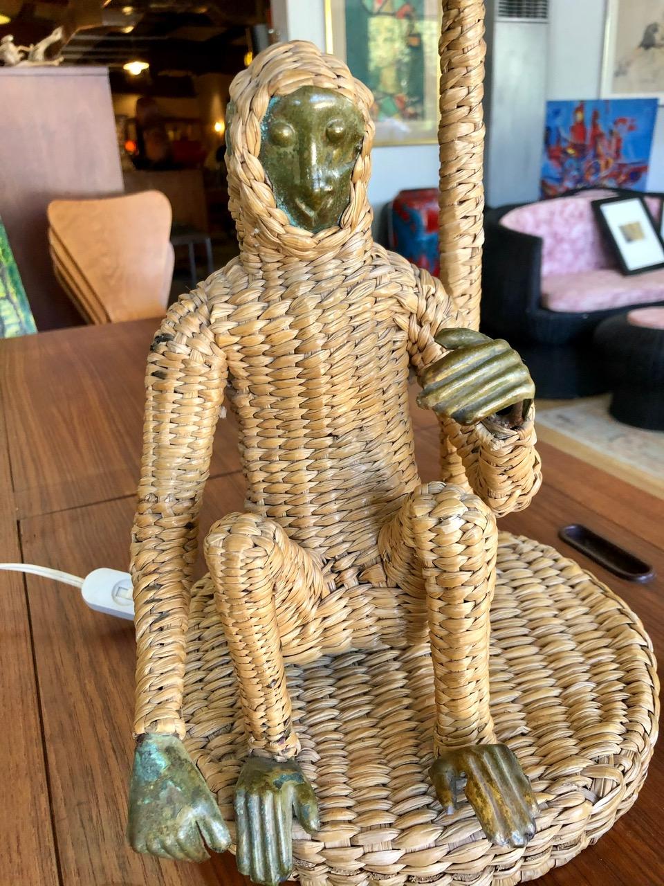 Vintage 1970s Handmade Woven Rattan Monkey Table Lamp 2