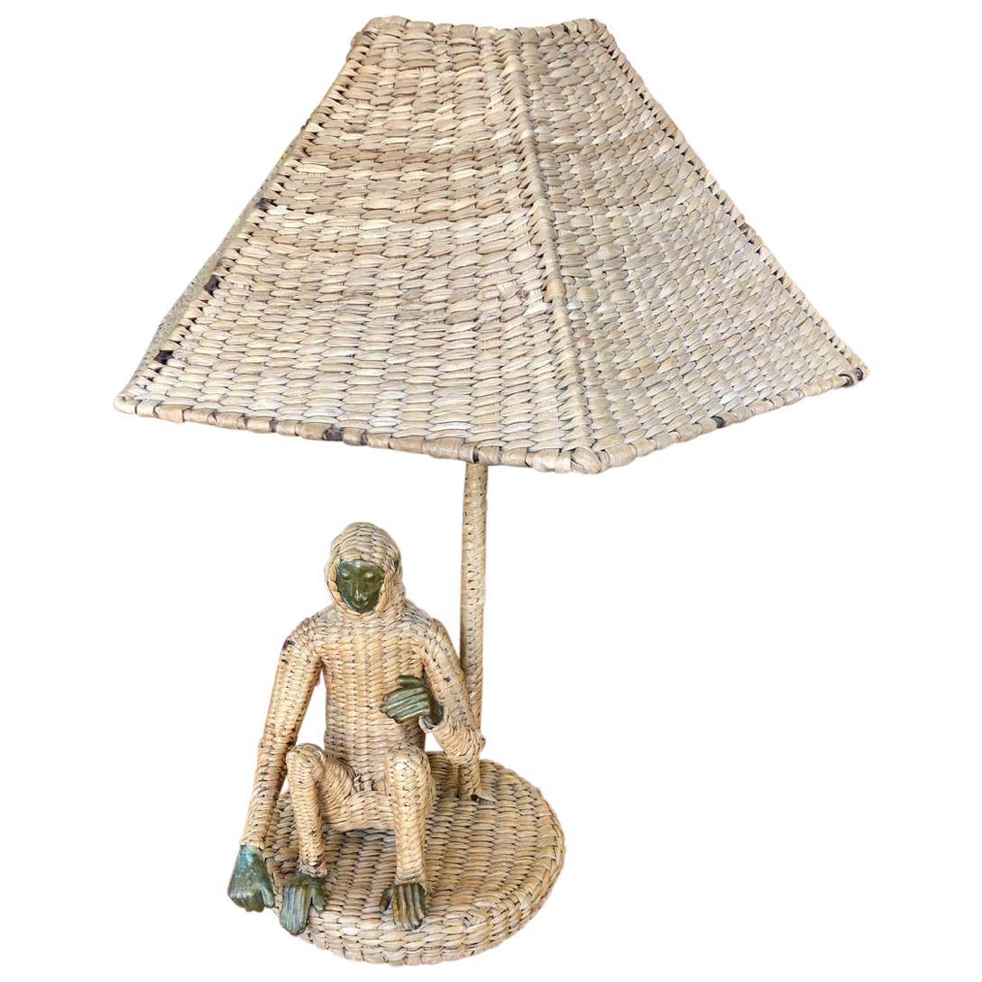 Vintage 1970s Handmade Woven Rattan Monkey Table Lamp