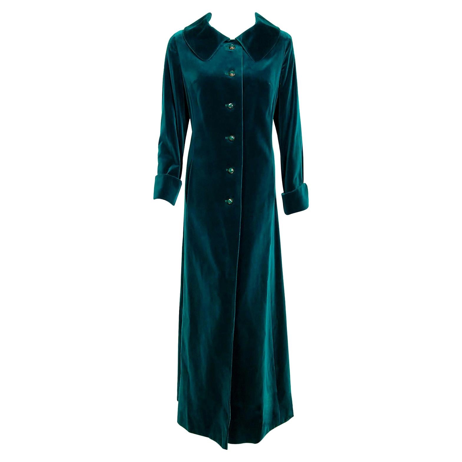 Vintage 1970's Harella of England Teal Blue-Green Velvet Back Belted Maxi Coat For Sale