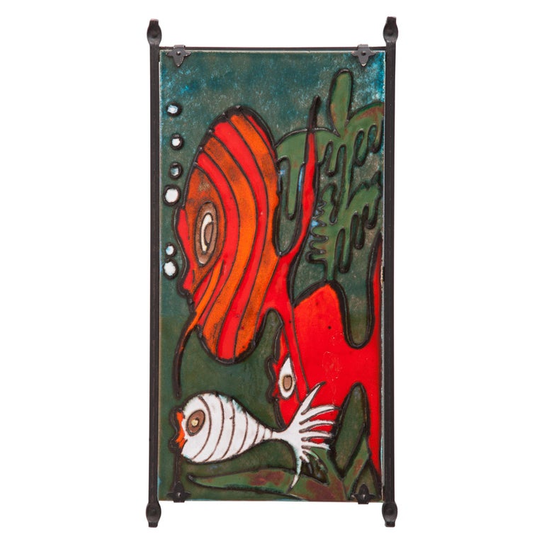 Vintage 1970s Heibi Keramik West Germany Pottery Large Wall Plaque with Fish For Sale