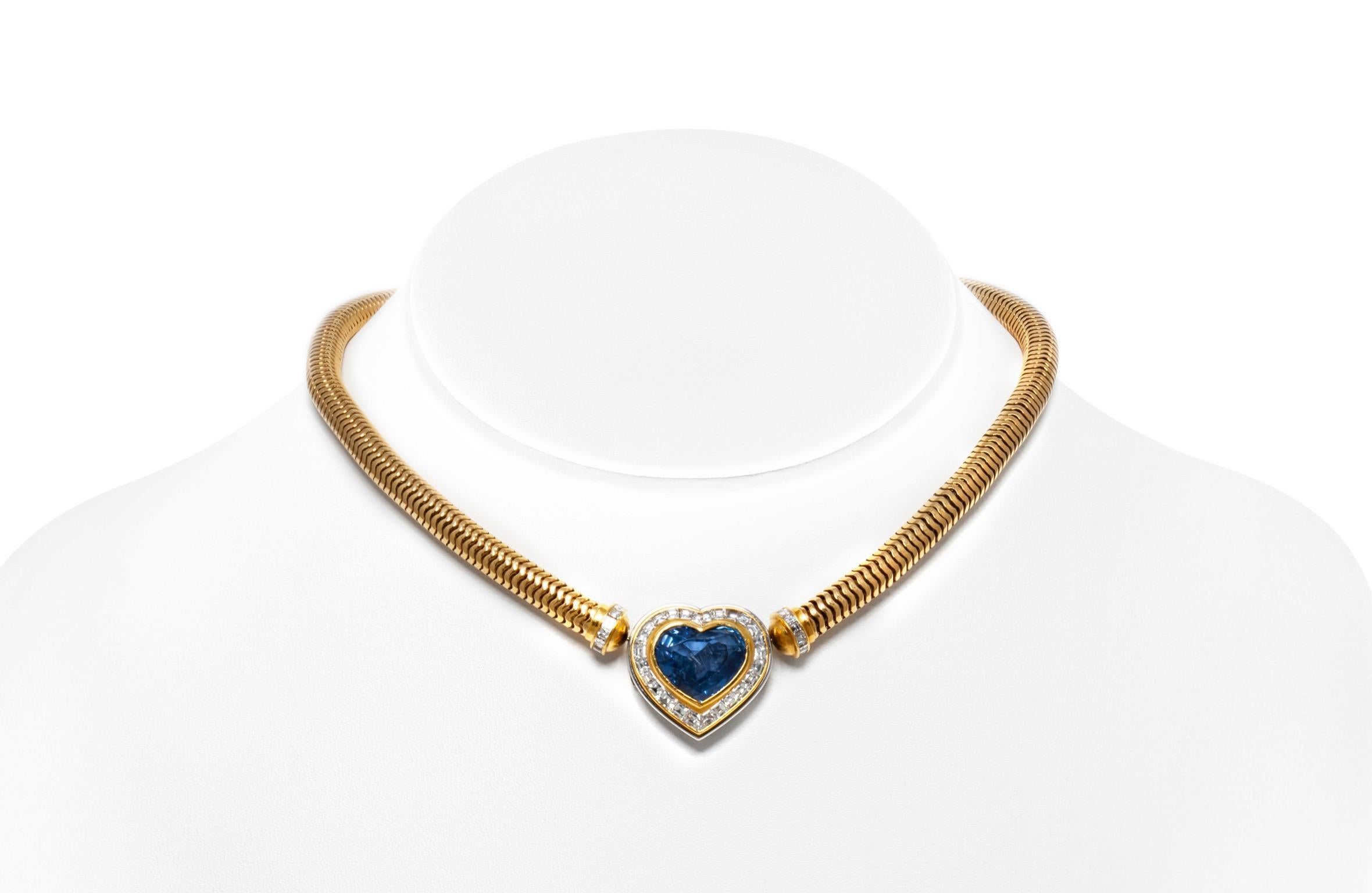 Finely crafted in 18k yellow gold and platinum with a Heart-Shaped Sapphire weighing approximately 20.00 carats and Square cut Diamonds weighing approximately a total of 6.00 carats.
Signed by Hemmerle
Circa 1970s
15 inches long