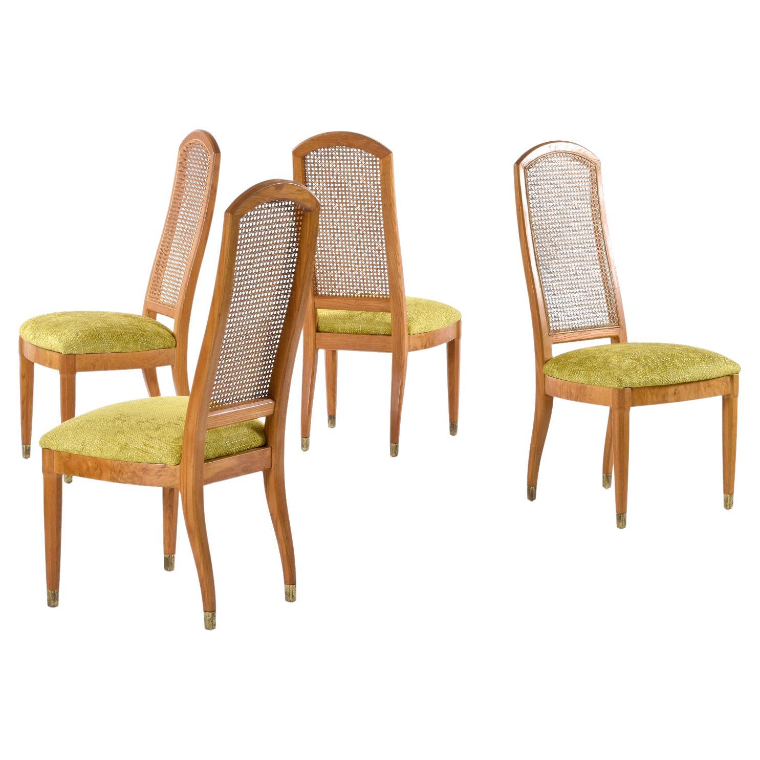 Chaises de salle à manger vintage Henredon des années 1970 à dossier canné en bois de ronce en tissu vert neuf