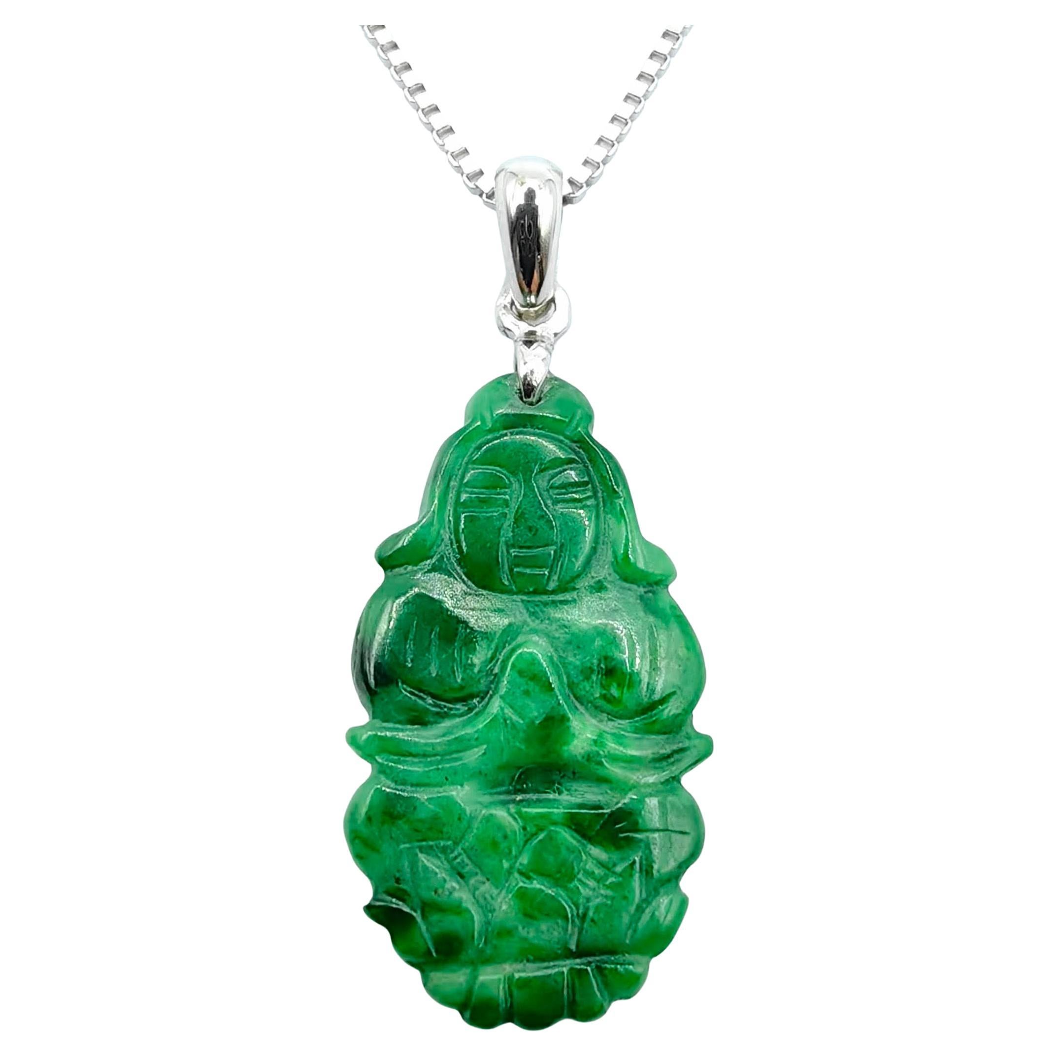 Vintage 1970s Hetian Jasper Guanyin Goddess 碧玉 Jade Pendant in 18K White Gold