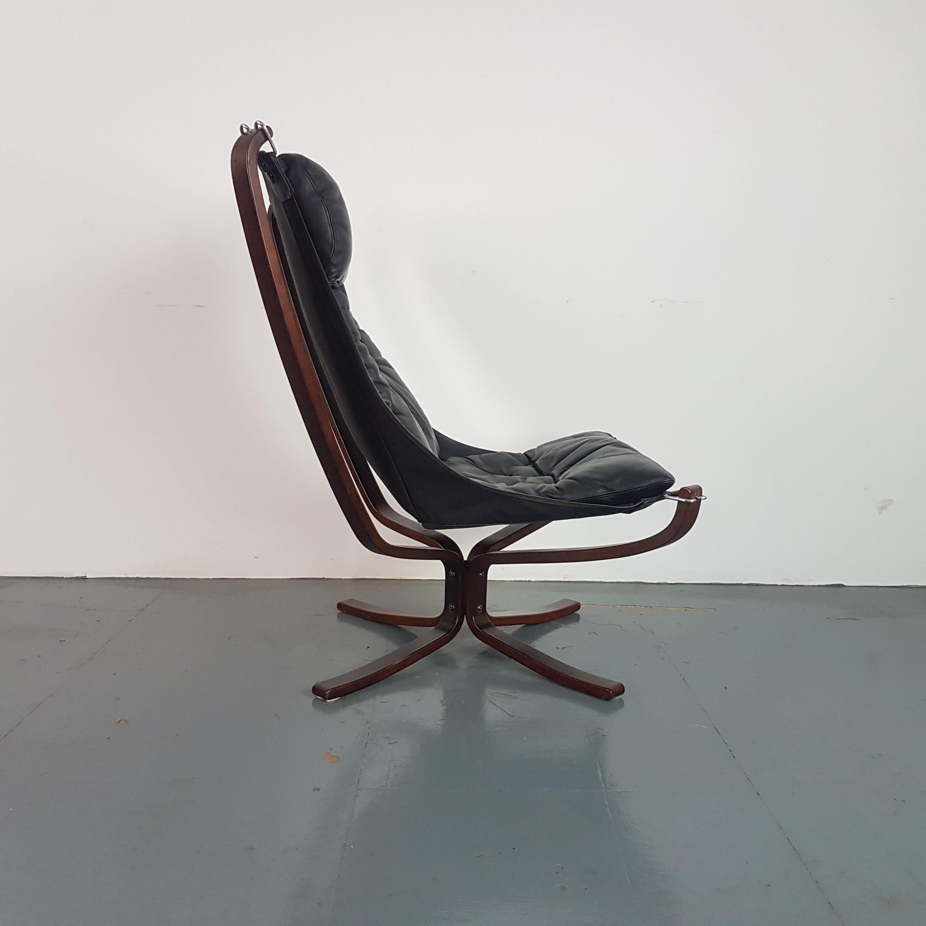 Norwegian Vintage 1970s High Back Black Leather Falcon Chair Designed by Sigurd Resell