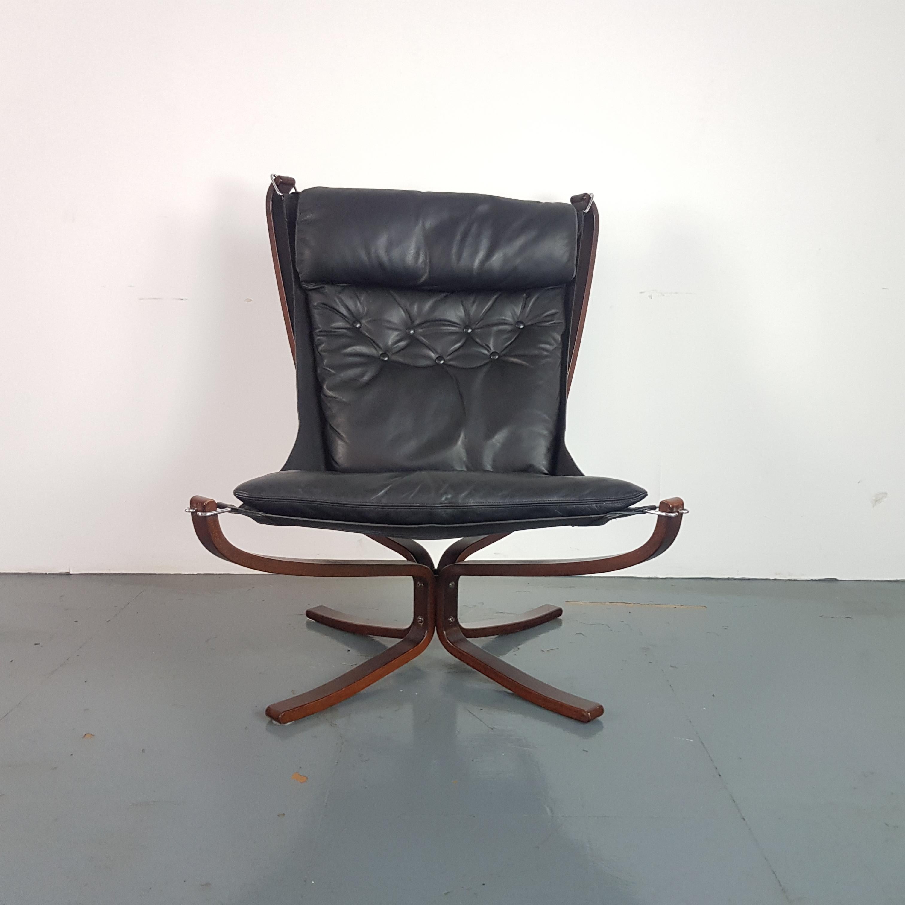 Vintage 1970s High Back Black Leather Falcon Chair Designed by Sigurd Resell 1