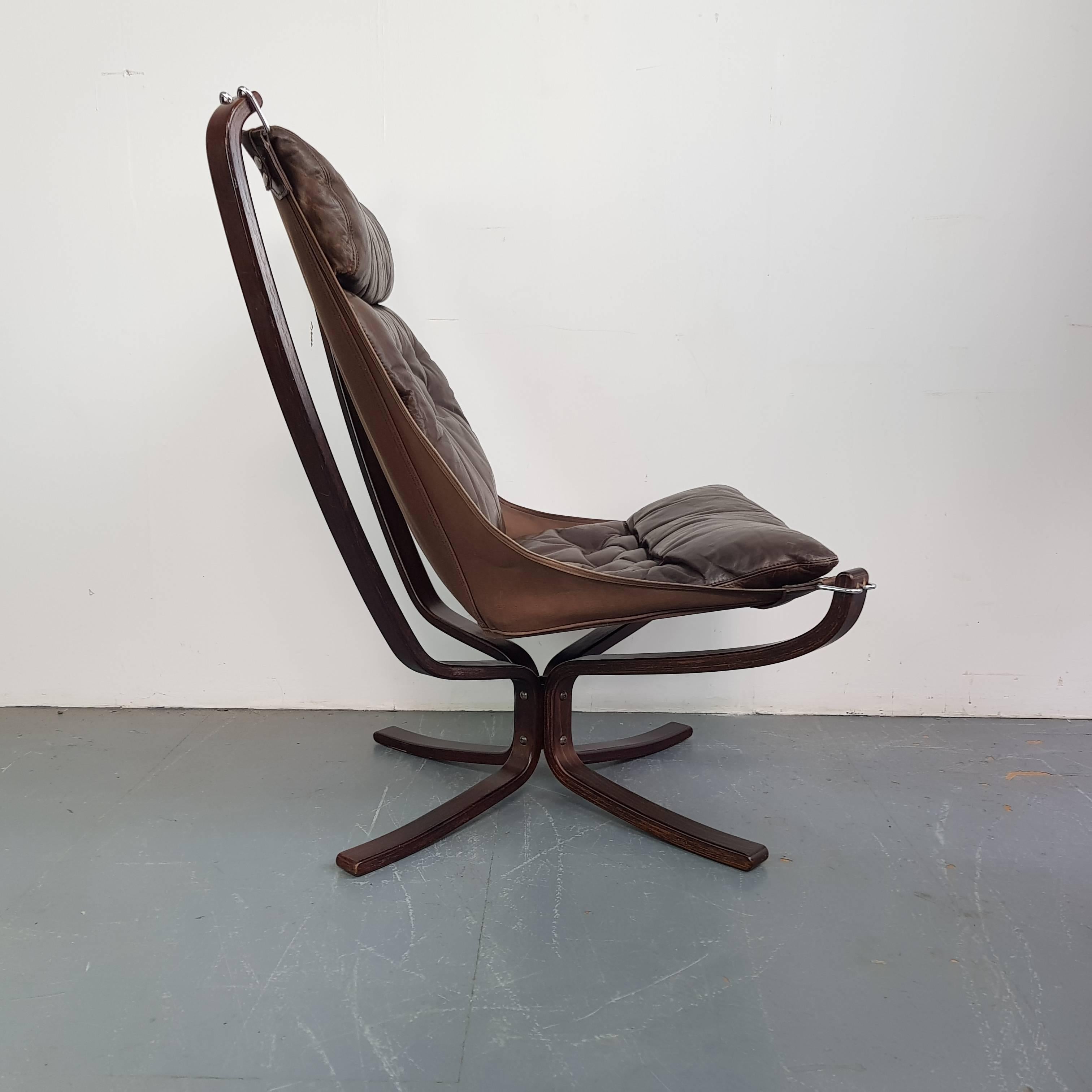 Norwegian Vintage 1970s High Back Brown Leather Falcon Chair Designed by Sigurd Resell For Sale
