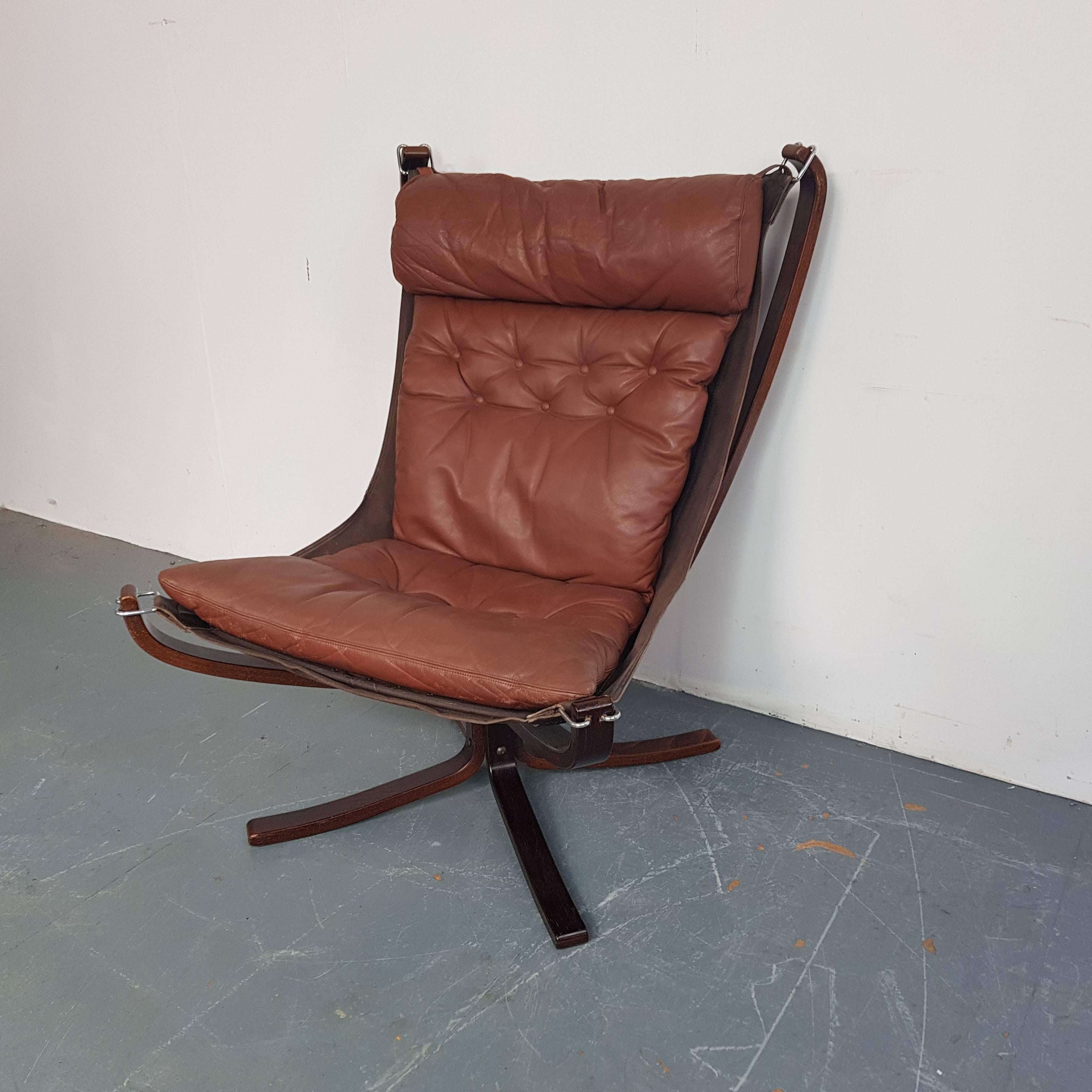 Norwegian Vintage 1970s High Back Brown Leather Falcon Chair Designed by Sigurd Resell For Sale