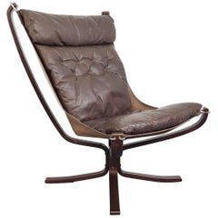 Vintage 1970s High Back Brown Leather Falcon Chair Designed by Sigurd Resell