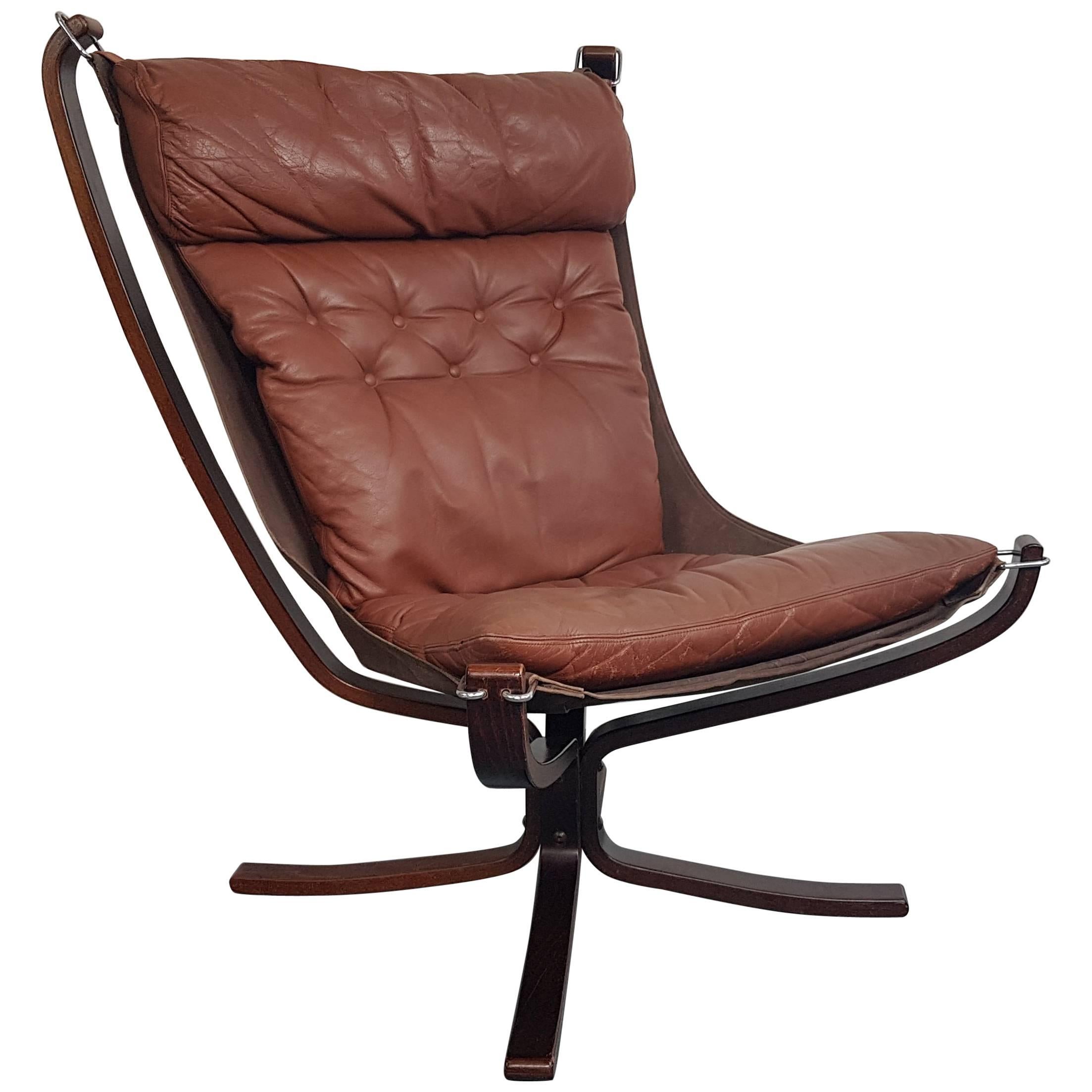 Vintage 1970s High Back Brown Leather Falcon Chair Designed by Sigurd Resell For Sale