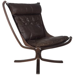 Vintage 1970s High Back Darkbrown Leather Falcon Chair Designed by Sigurd Resell