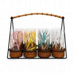 Vintage 1970s Highball Glass Set with Bamboo Caddy, Colorful Accents