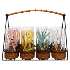 Vintage 1970s Highball Glass Set with Bamboo Caddy, Colorful Accents