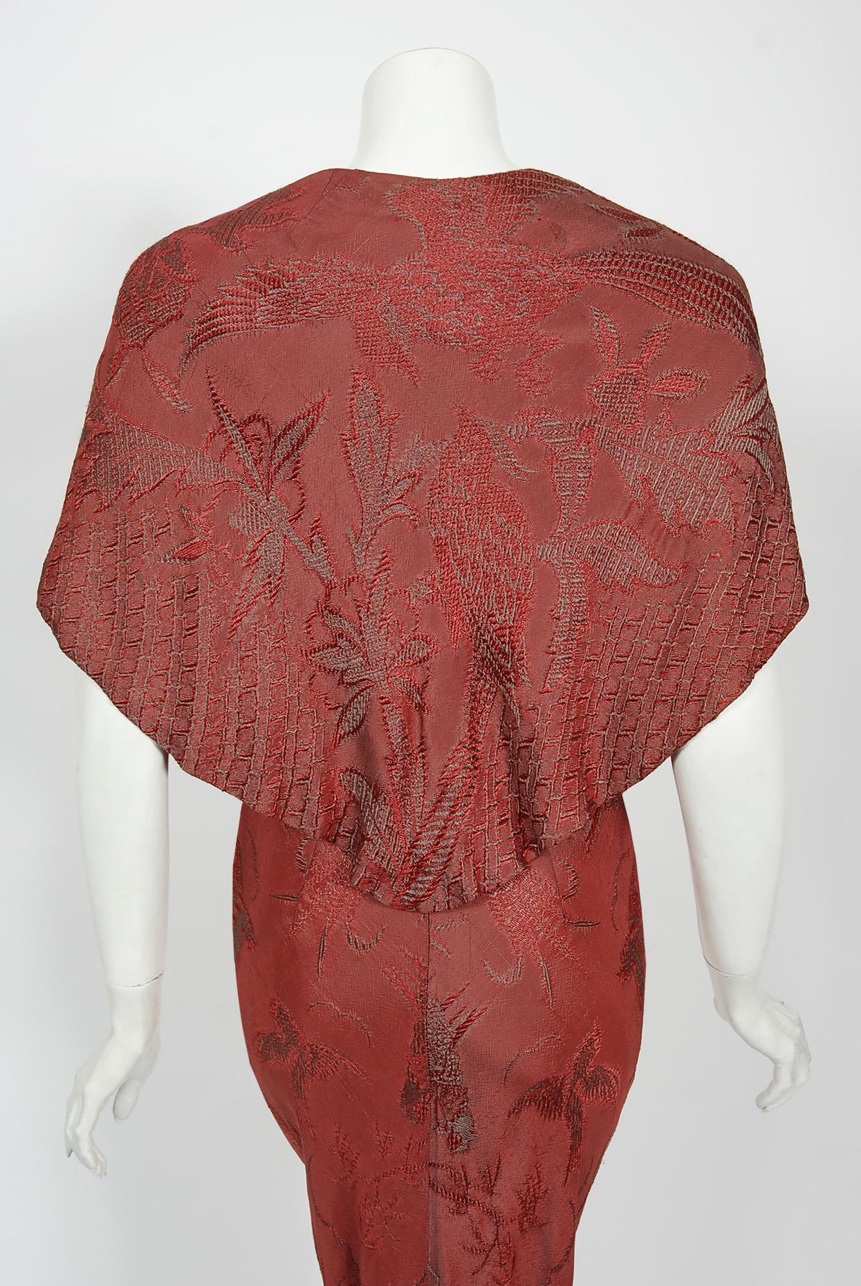 Vintage 1970's Holly's Harp Bird Garden Print Burgundy Brocade Bias-Cut Gown   For Sale 7