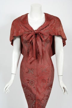 1970's Holly's Harp Bird Garden Print Burgundy Brocade Bias-Cut Capelet Gown