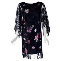 Vintage 1970's Holly's Harp Fringed Floral Print Black Rayon Angel-Sleeve Dress