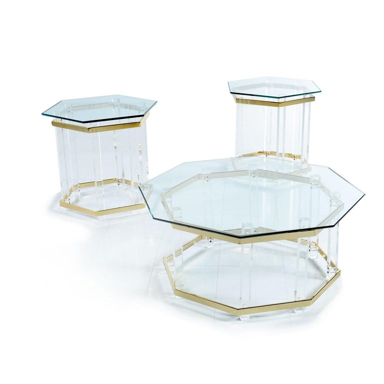 Acrylic Lucite Glass and Brass Coffee Table 1970s Hollywood Regency For Sale at 1stDibs