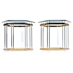 Vintage 1970s Hollywood Regency Acrylic Lucite Glass and Brass End Tables