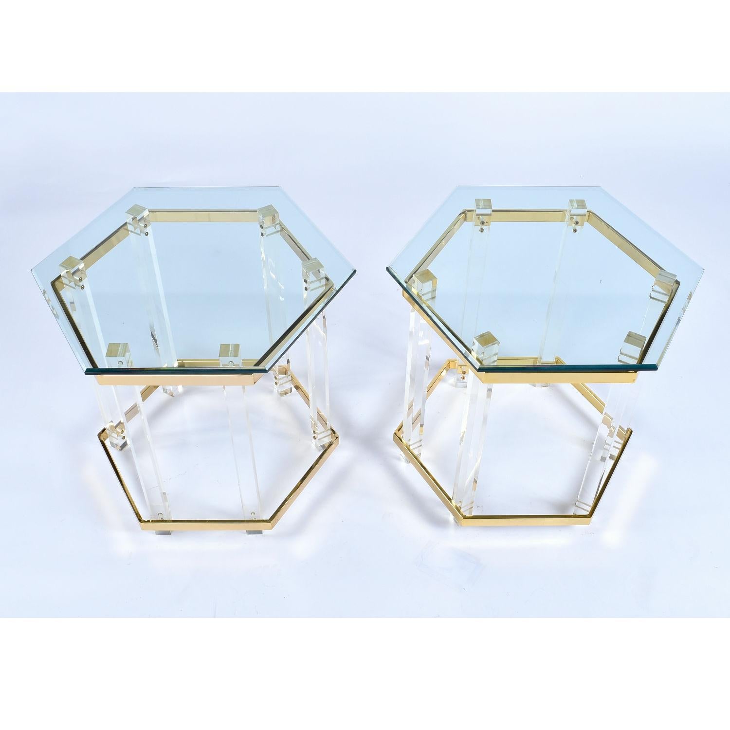 Mid-Century Modern Vintage 1970s Hollywood Regency Acrylic Lucite Glass and Brass End Tables