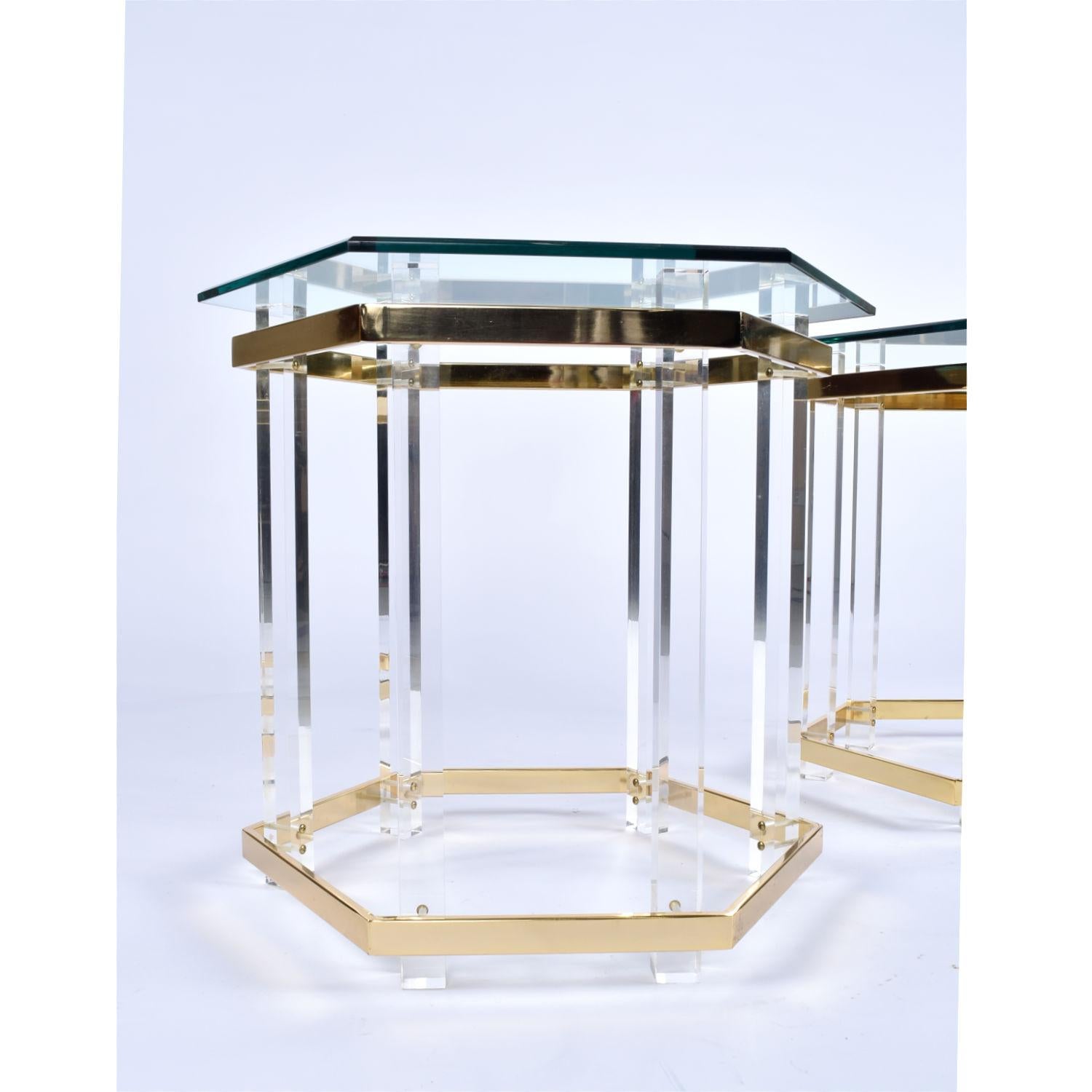 American Vintage 1970s Hollywood Regency Acrylic Lucite Glass and Brass End Tables