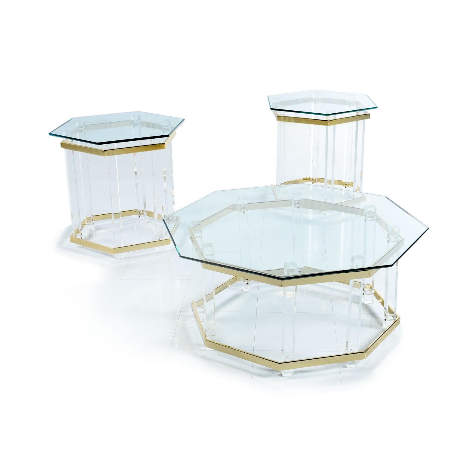 Vintage 1970s Hollywood Regency Acrylic Lucite Glass and Brass End Tables 2
