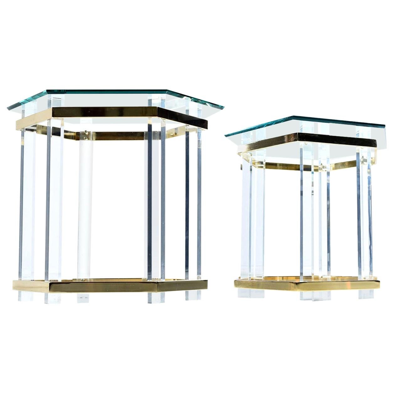 Vintage 1970s Hollywood Regency Acrylic Lucite Glass and Brass End Tables