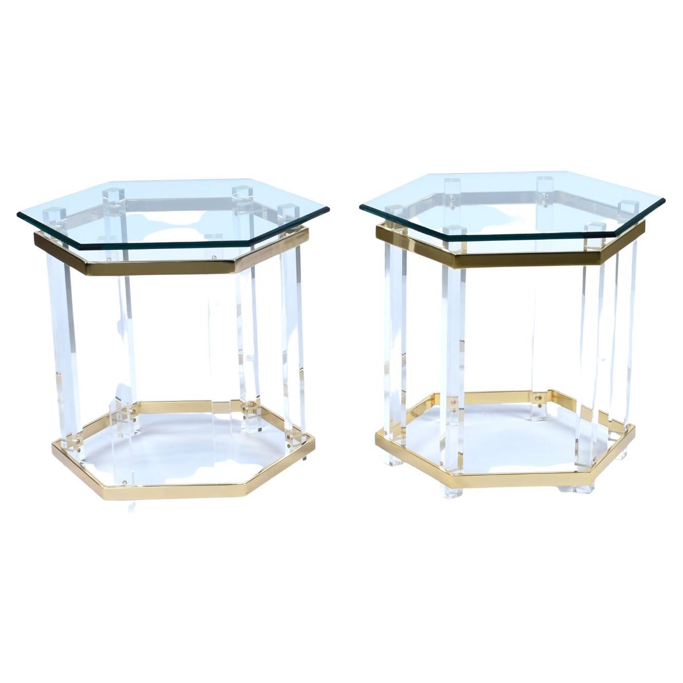 Vintage 1970s Hollywood Regency Acrylic Lucite Glass and Brass End Tables