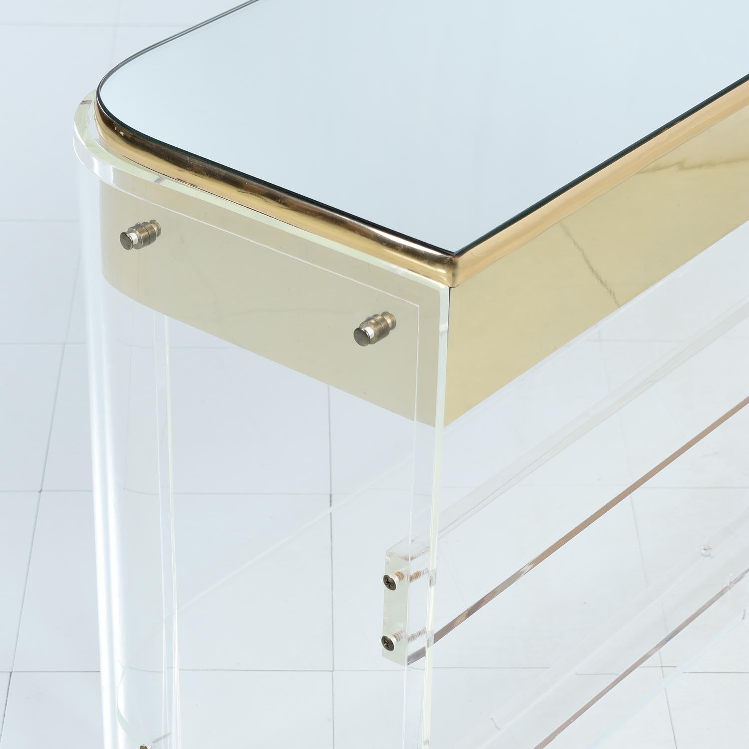 Late 20th Century Vintage 1970s Hollywood Regency Gold Brass Lucite Acrylic Console Sofa Table