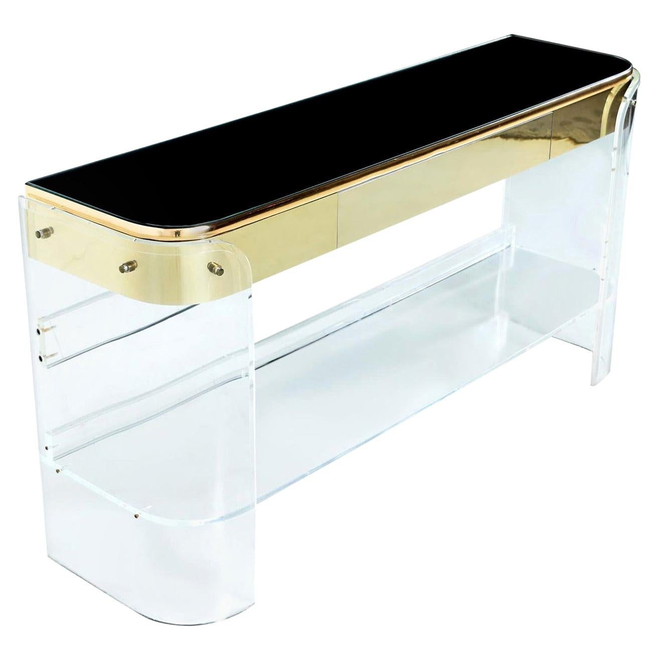 Vintage 1970s Hollywood Regency Gold Brass Lucite Acrylic Console Sofa Table