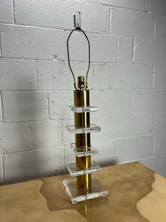 Vintage 1970s Hollywood Regency Lucite and Brass Geometric Skyscraper Table Lamp