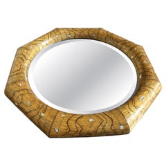 Vintage 1970s Hollywood Regency Octagonal Bamboo & Mother-of-Pearl Wall Mirror