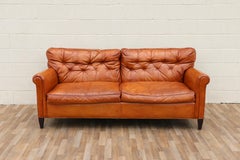 Vintage 1970s Honey Tan Leather Sofa  Tufted Feather Cushion Sofa