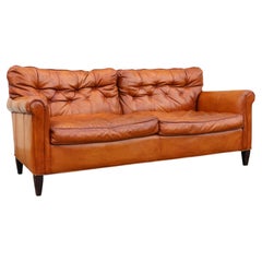 Vintage 1970s Honey Tan Leather Sofa  Tufted Feather Cushion Sofa