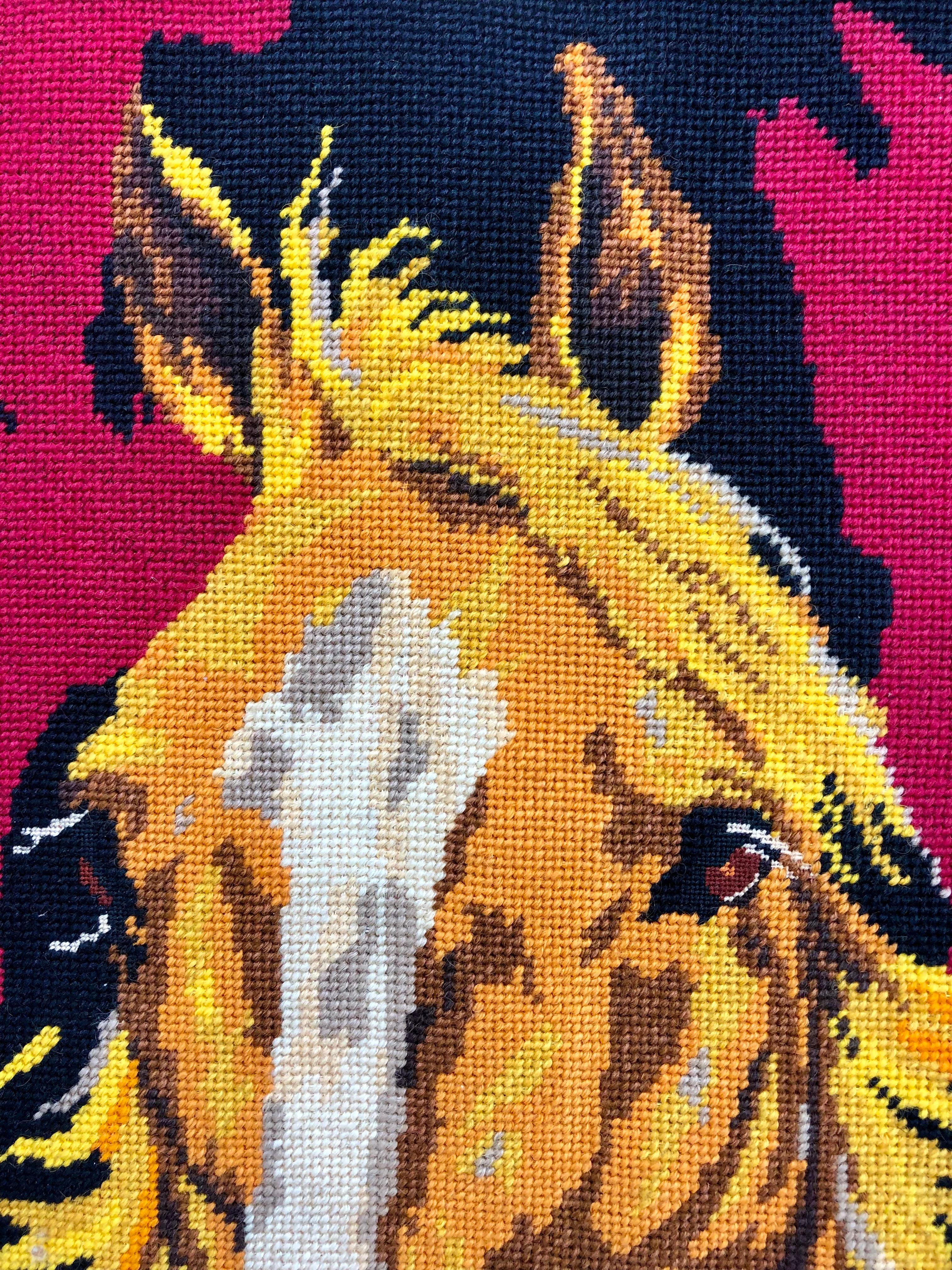 Modern Vintage 1970s Horse Portrait, Needlepoint Embroidery in Brass Frame For Sale