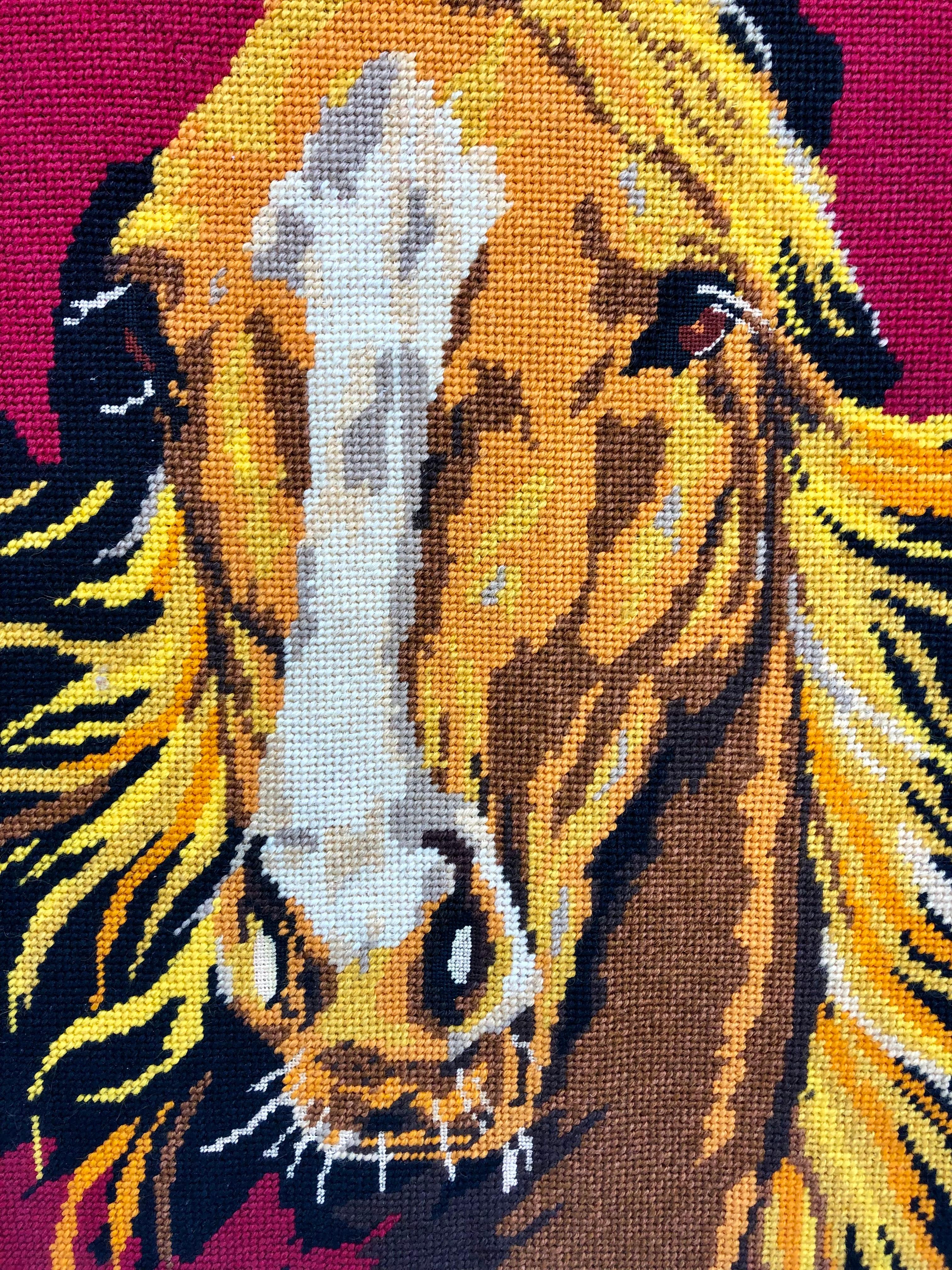 American Vintage 1970s Horse Portrait, Needlepoint Embroidery in Brass Frame For Sale