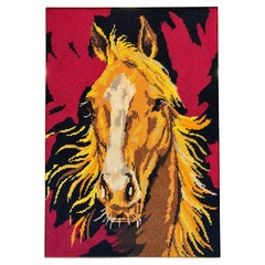 Portrait de cheval vintage des années 1970, broderie à l'aiguille dans un cadre en laiton