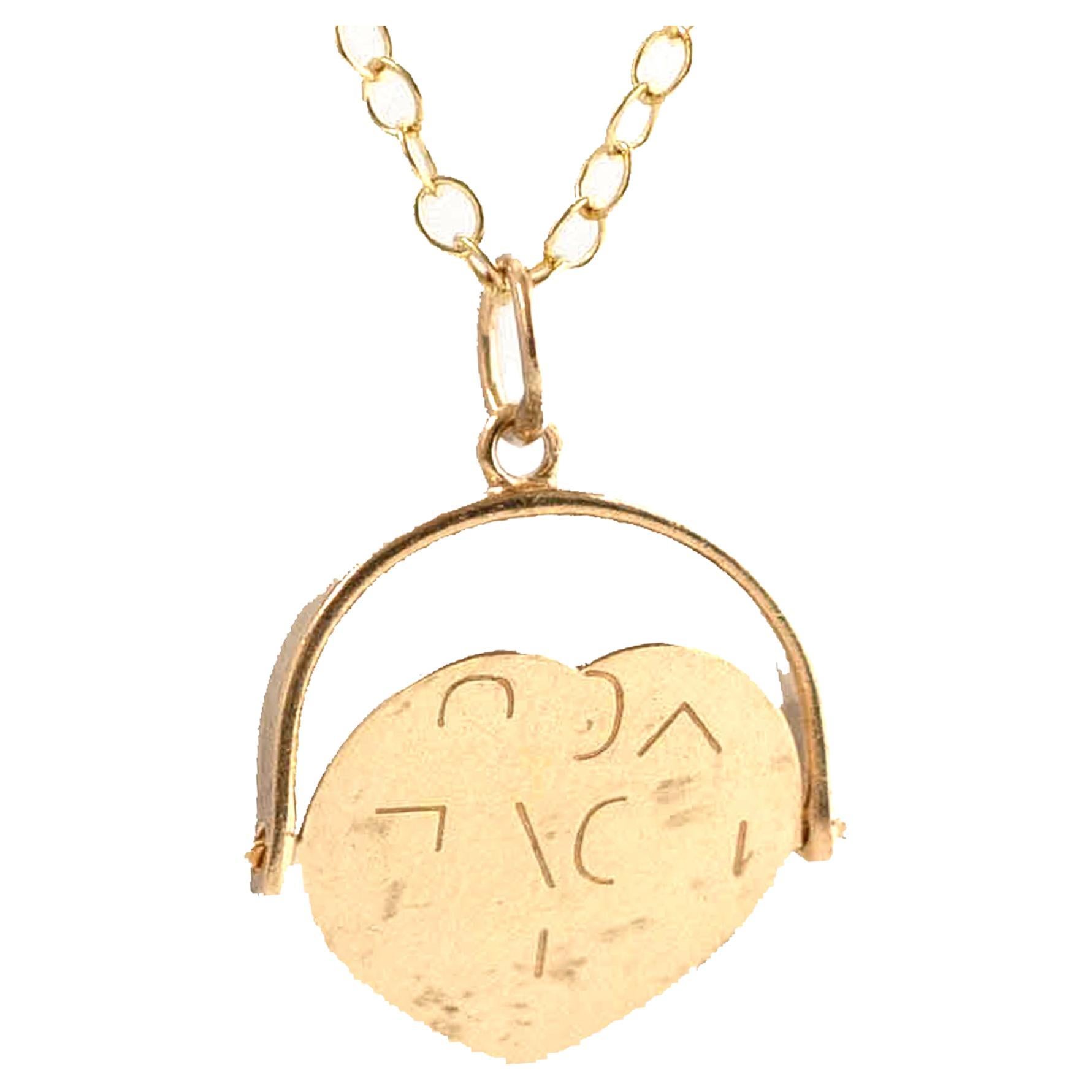 Vintage 1970s 'I Love You' 9ct Gold Heart Spinner Charm Necklace