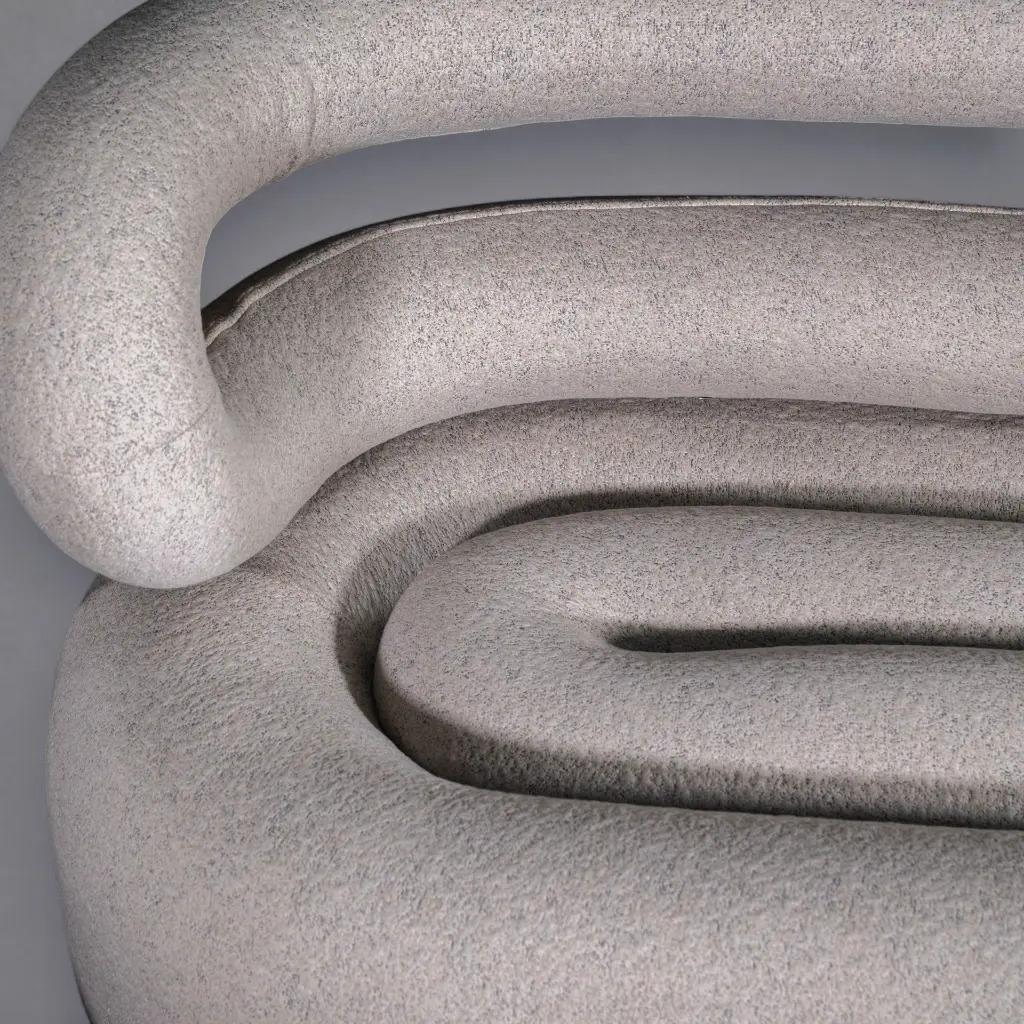 Dieses außergewöhnliche Wohnzimmerset ist direkt von der ikonischen Ästhetik der 1970er Jahre inspiriert, einer Ära, in der das Innendesign sowohl Komfort als auch kühne Formen feierte. Das Sofa und die beiden Sessel sind mit einem eleganten, grauen