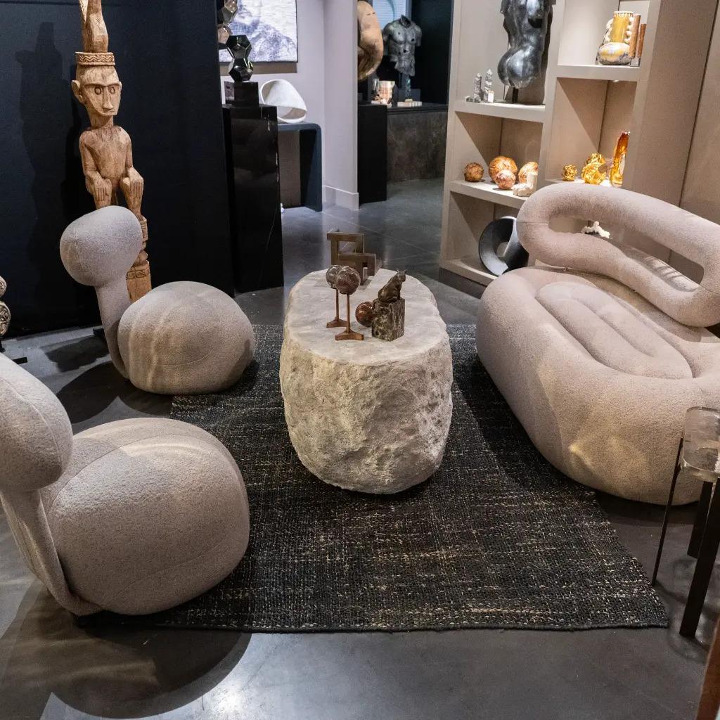 Vintage-Möbel im Stil der 1970er Jahre: 1 Sofa und 2 Sessel in Greige (Französisch) im Angebot
