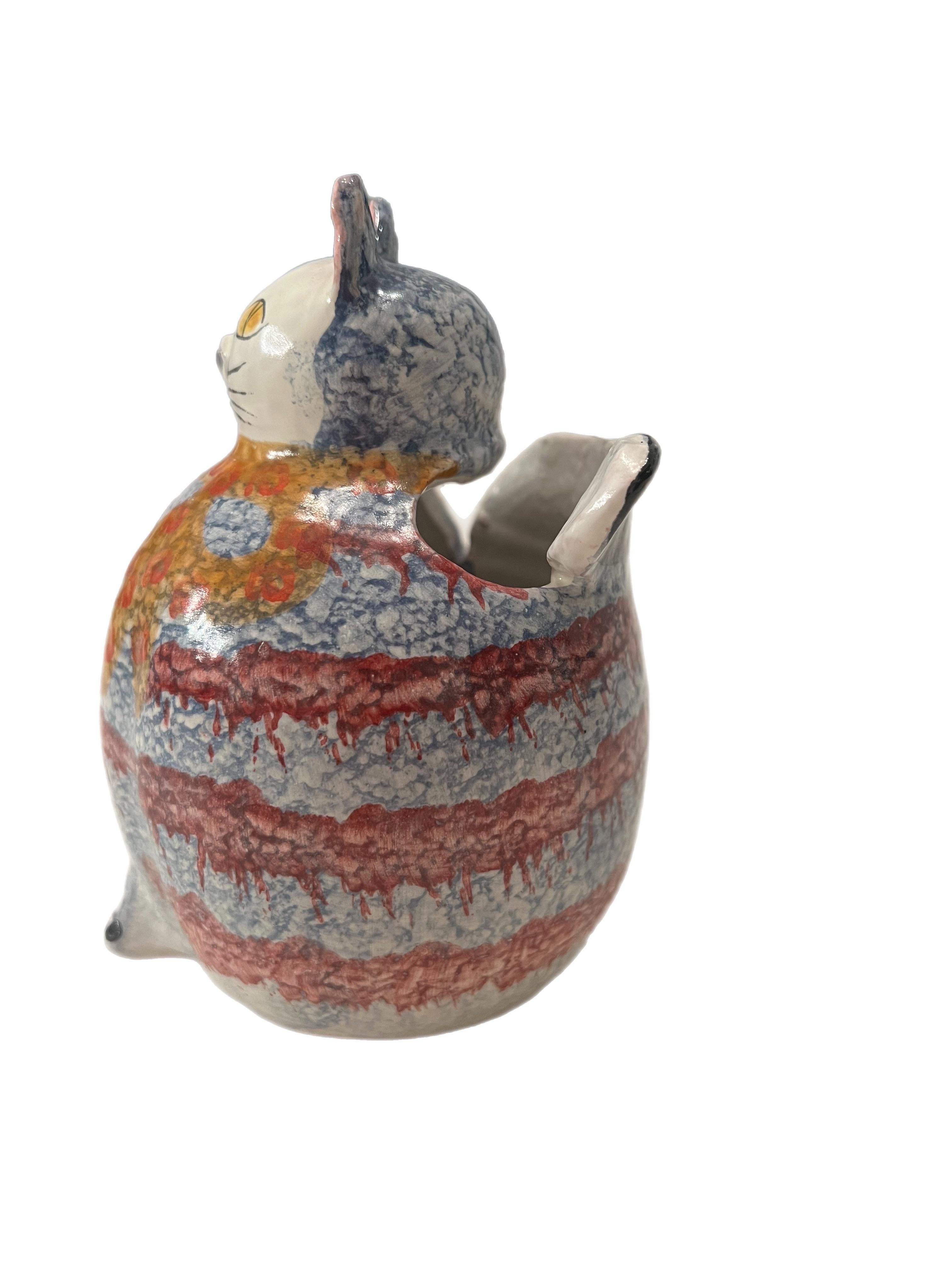Post-Modern Vintage 1970s Italian Ars Hand-Painted Ceramic Cat Utensil Holder or Vase For Sale