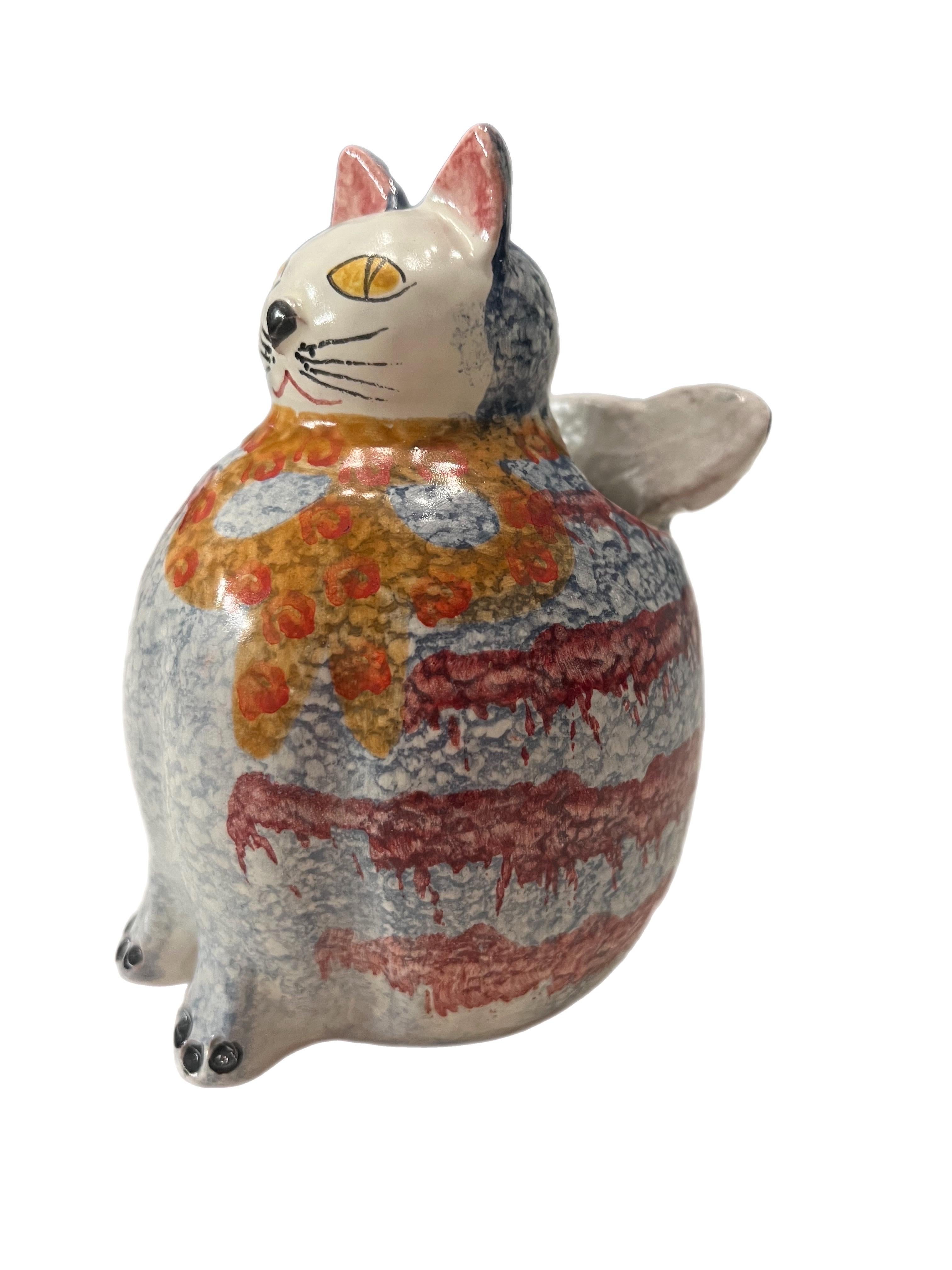 Vintage 1970s Italian Ars Hand-Painted Ceramic Cat Utensil Holder or Vase In Good Condition For Sale In Charleston, SC