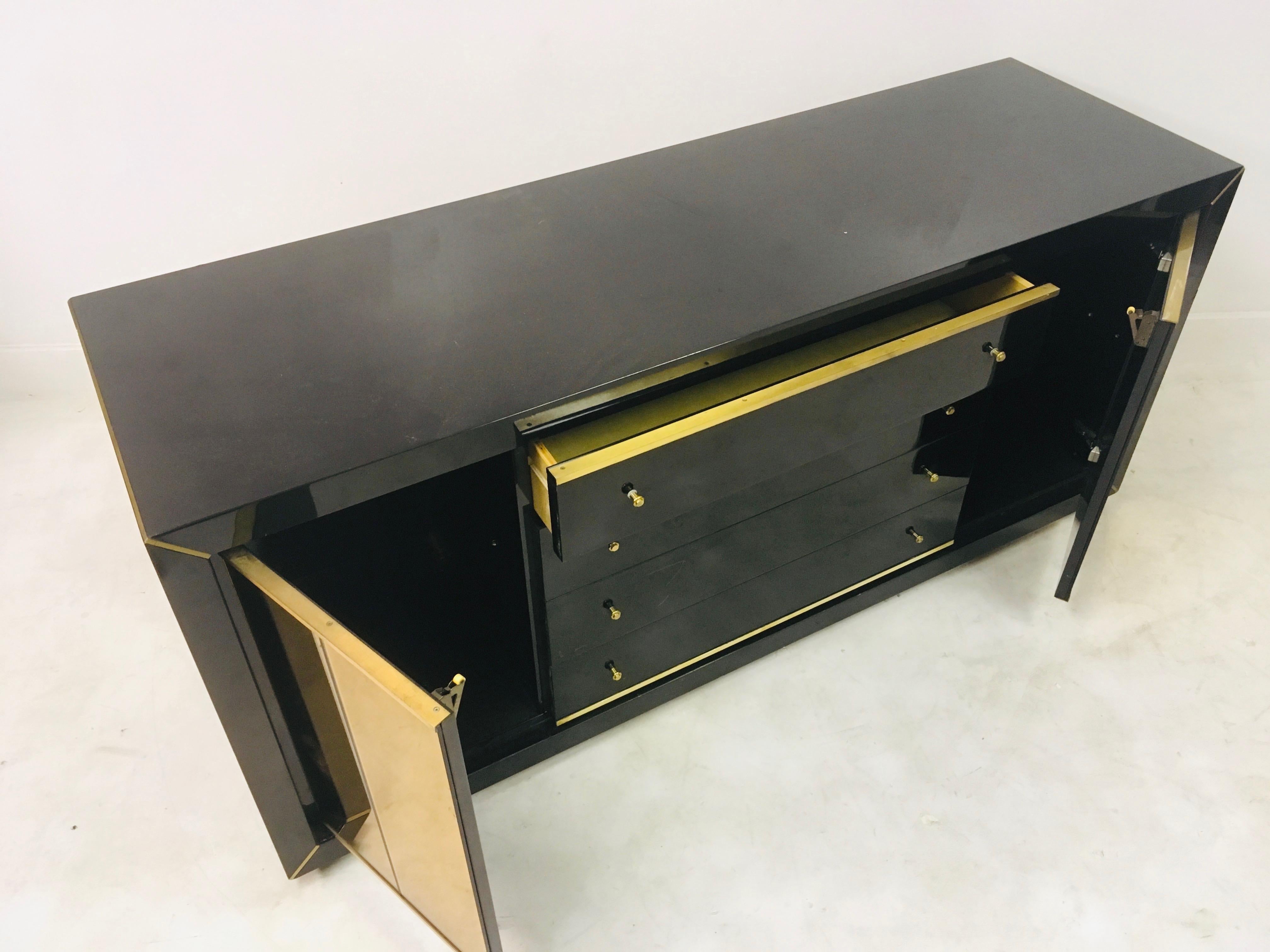 Vintage 1970s Italian Black Lacquer and Brass Sideboard 2