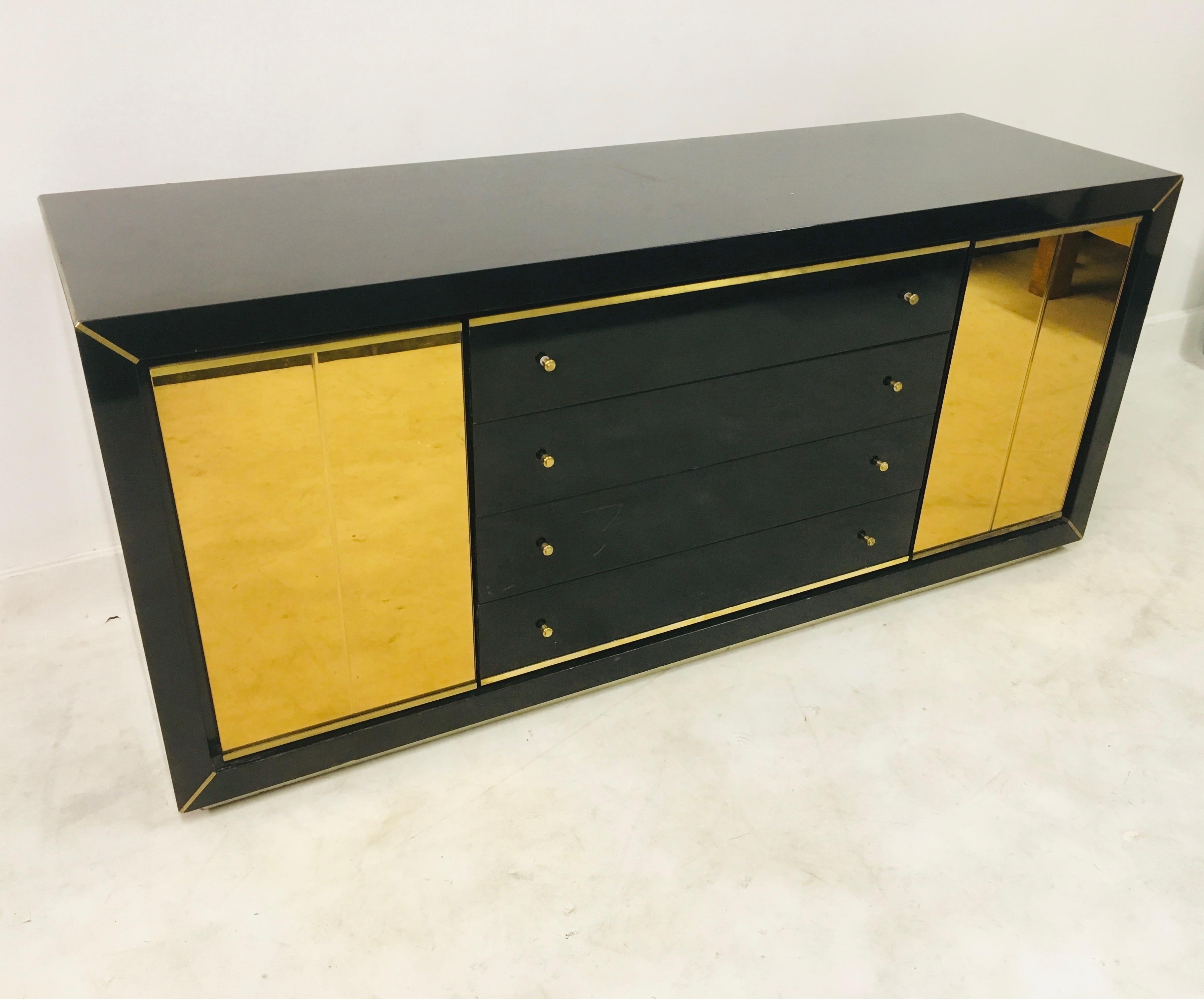 Vintage 1970s Italian Black Lacquer and Brass Sideboard (Hollywood Regency)