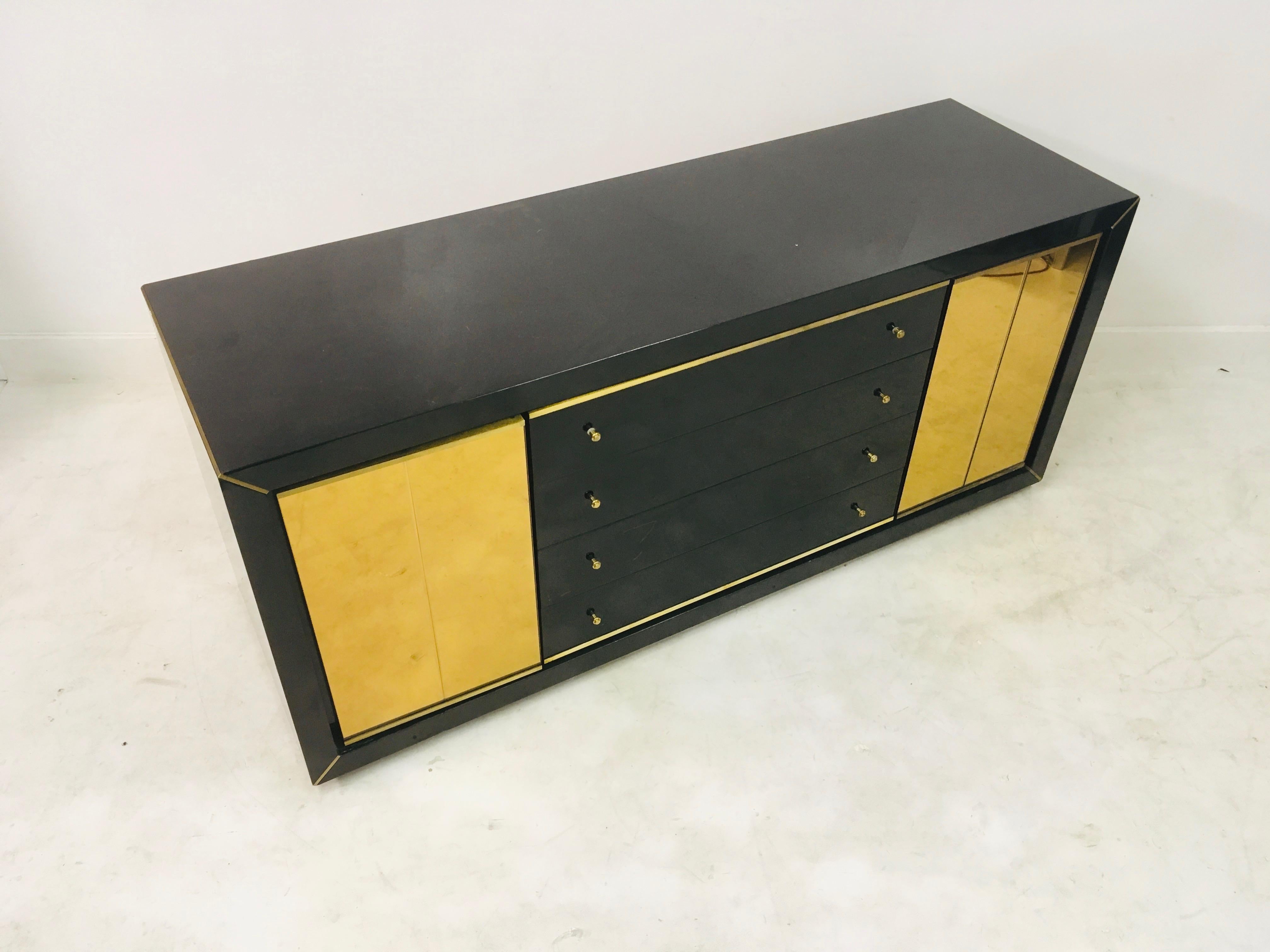 Vintage 1970s Italian Black Lacquer and Brass Sideboard (Messing)