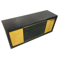 Vintage 1970s Italian Black Lacquer and Brass Sideboard