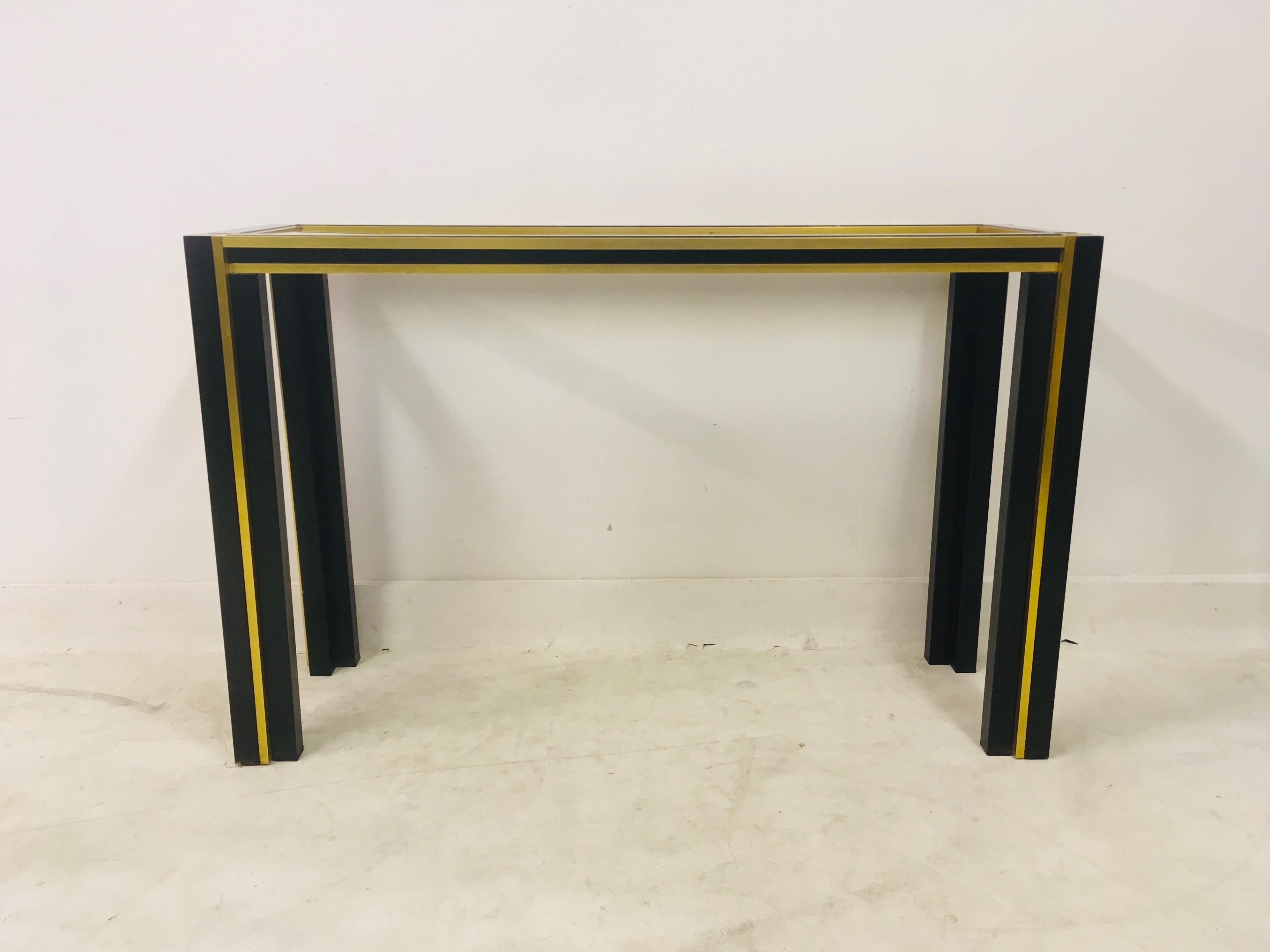 Vintage 1970s Italian Brass and Black Metal Console Table and Mirror In Fair Condition For Sale In London, London