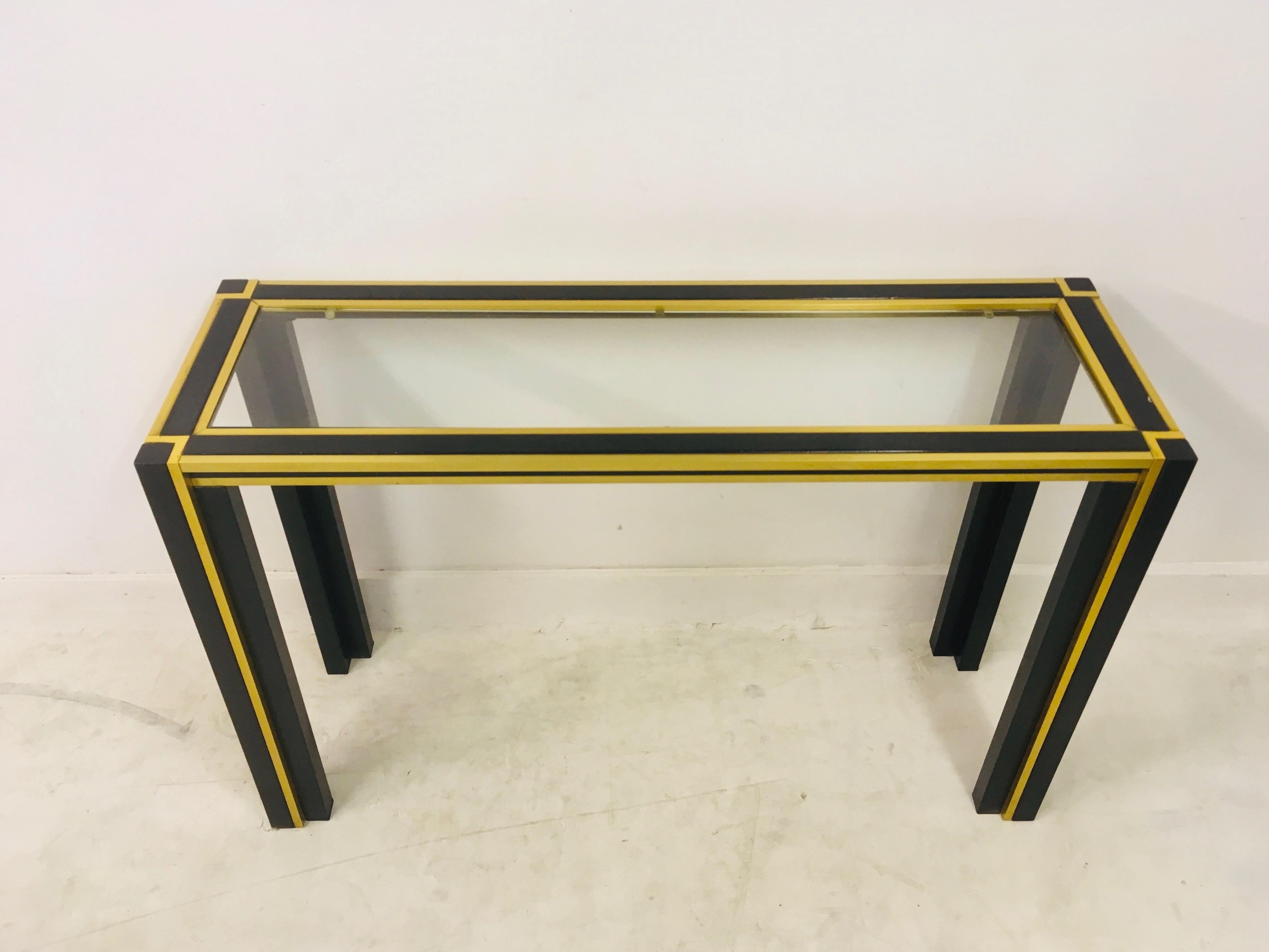 20th Century Vintage 1970s Italian Brass and Black Metal Console Table and Mirror For Sale