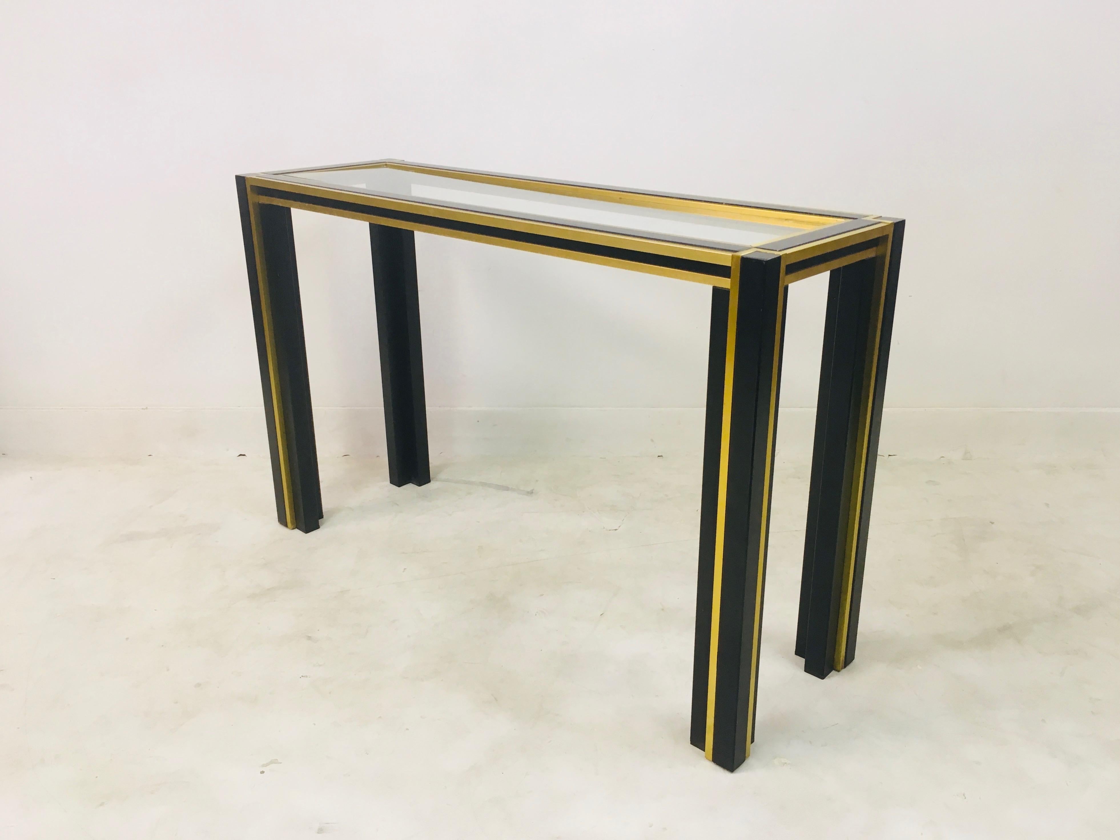 Vintage 1970s Italian Brass and Black Metal Console Table and Mirror For Sale 1