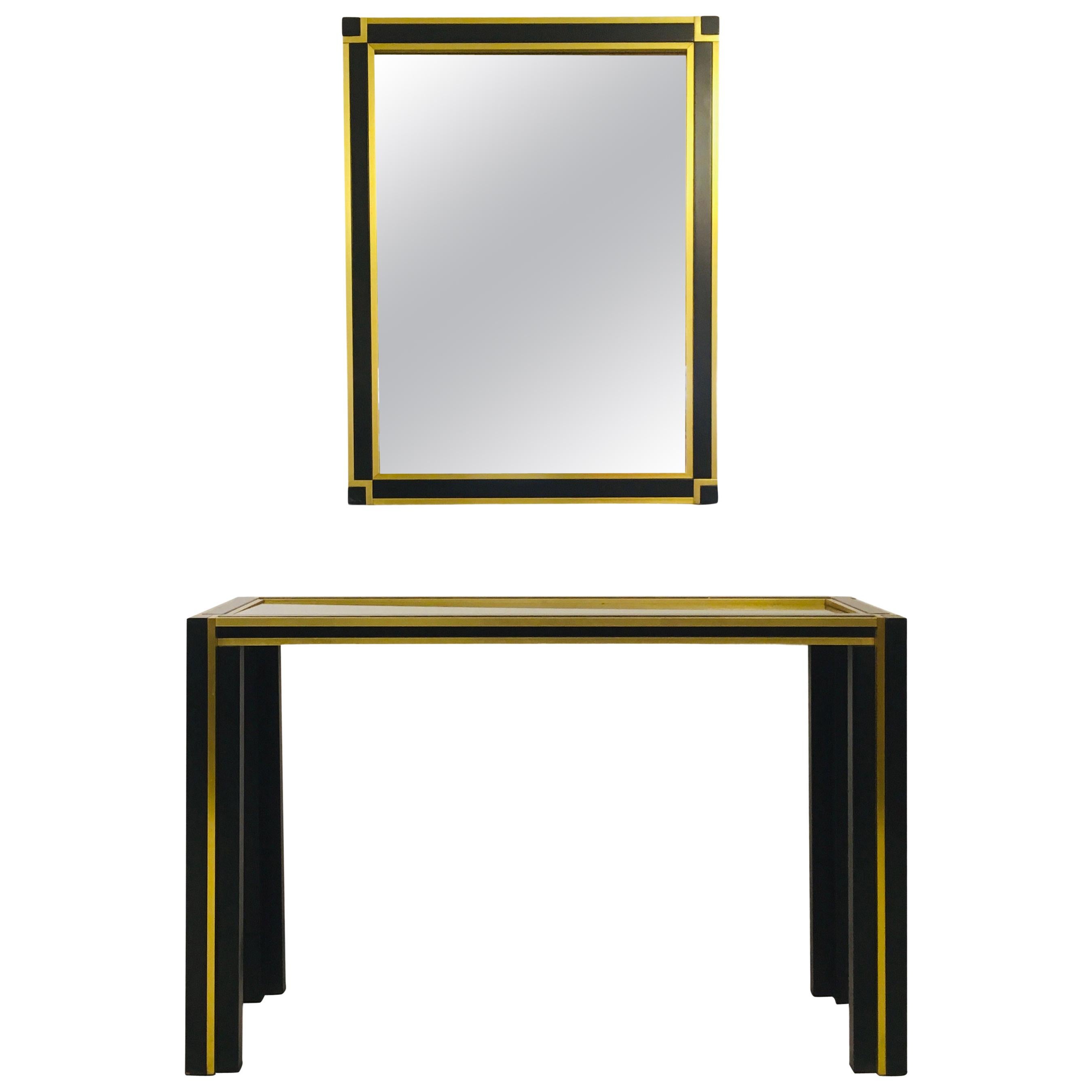 Vintage 1970s Italian Brass and Black Metal Console Table and Mirror For Sale